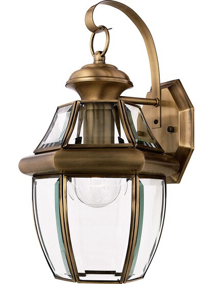 Newbury Medium Outdoor Wall Lantern in Antique Brass.